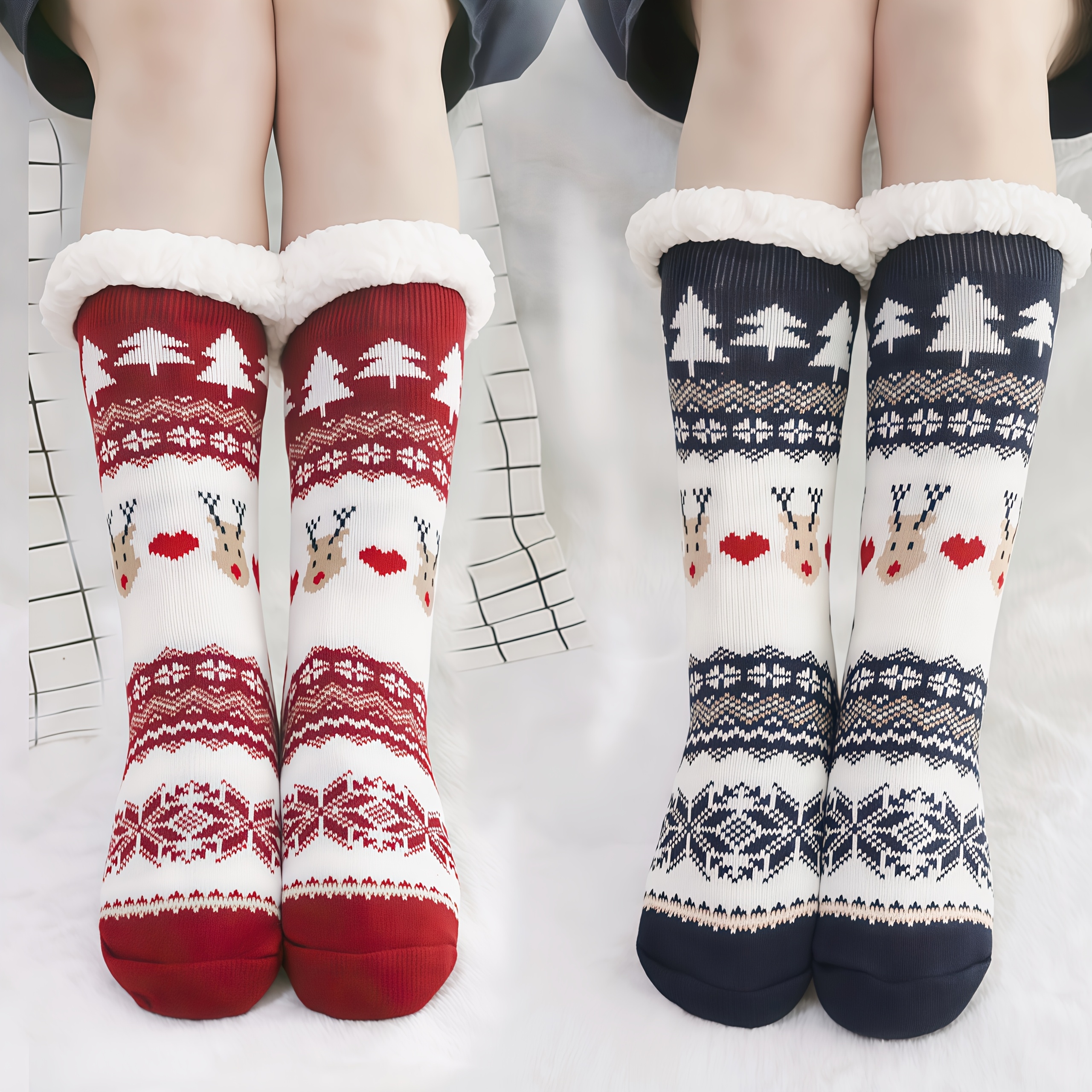 TEMU 2-pair Extra Thick Plush-lined Christmas Stockings, Double-layered For Extra Warmth , With Non-slip Sole Design. Christmas-themed Floor Socks