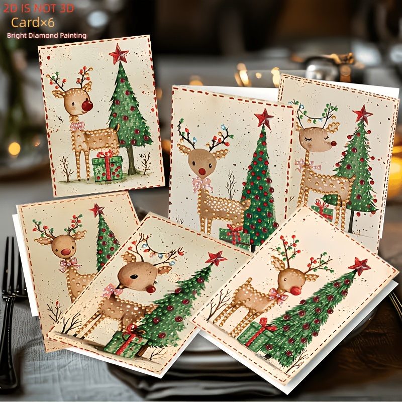 TEMU Populair Nieuw Product: 6 stuks 2D Plat DIY Diamond Painting Wenskaarten - Kerstrendier en Kerstboom Serie, Ontwerp. DIY Ronde Strass en