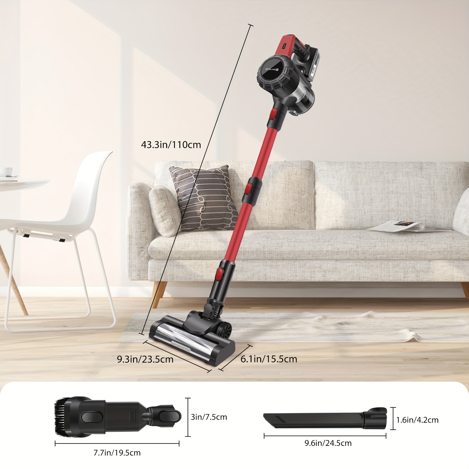8 In 1 Powerful Cordless Stick Vacuum Cleaner, 45KPA Cordless Vacuum Cleaner, Handheld Stick Vacuum With HEPA Filters + 3000mAh Rechargeable Battery, Pet, Crevice & Multi-Surface Tools, Red+Black