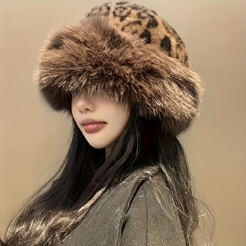 

Chic Leopard Print Fleece-lined Beanie - Cozy & Hat For Women, Non-stretch Polyester