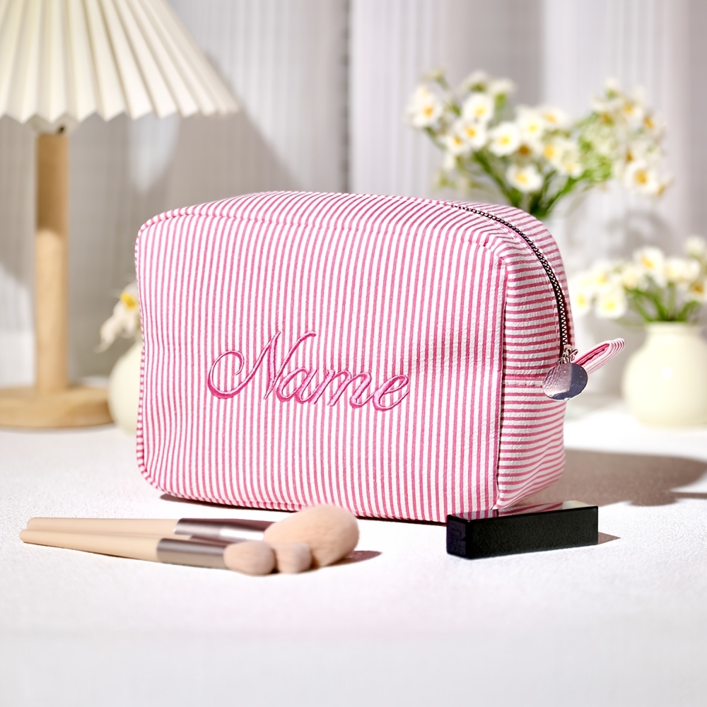 TEMU Personalized Custom Name Seersucker Makeup Bag, Durable Zipper Closure Toiletry Pouch, Vacation Travel Cosmetic Bag, Summer Beach Bag, Large