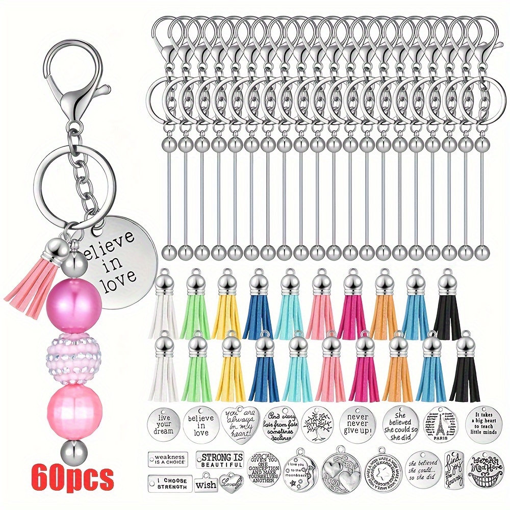 

60pcs Motivational Beadable Keychain Accessories Set Includes 20 Beadable Keychain Bars 20 Inspirational Words Charms 20 Leather Keychain Tassels For Diy Keyring Jewelry Making Kit Supplies