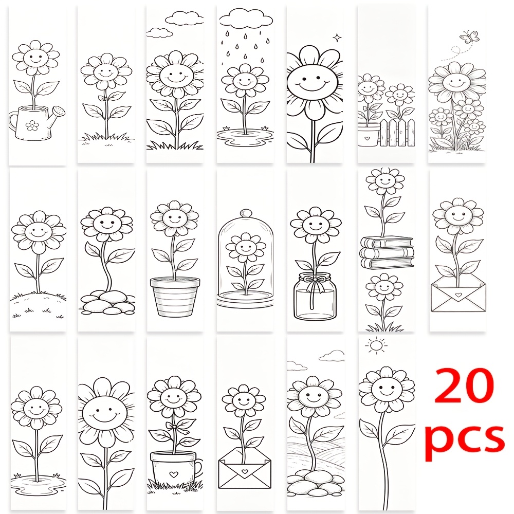 TEMU 20pcs Bookmark Set, Black And White Line Art, Cute Floral And Botanical Designs, Minimalist And , Hand-drawn, , 2d Printed Practical Bookmarks,