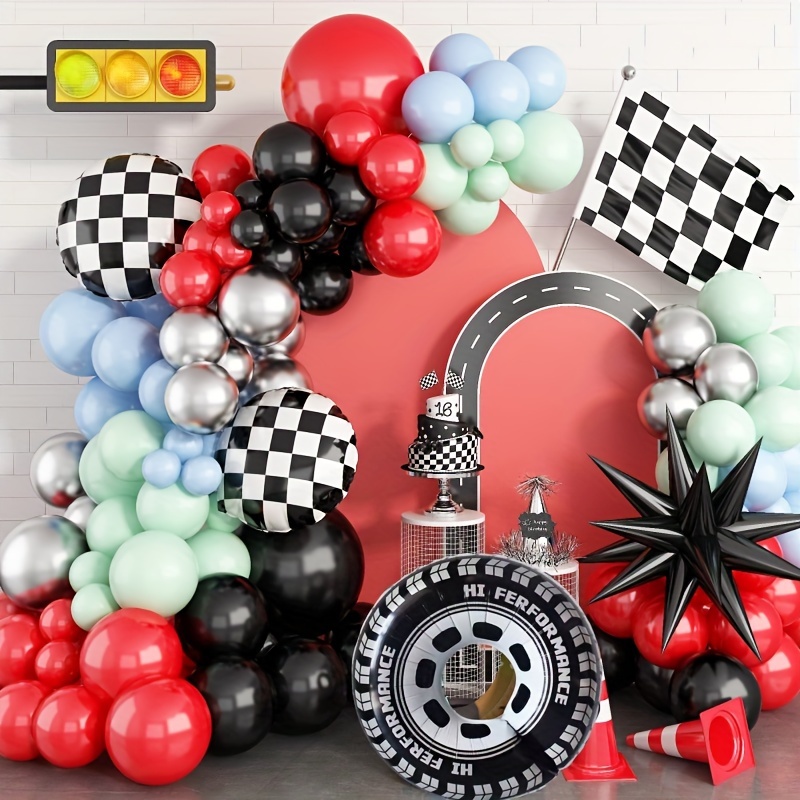 

131pcs Car Tire Black And White Grid Black Explosion Star Foil Balloon Garland Arch Set, Racing Theme Birthday Party Decoration