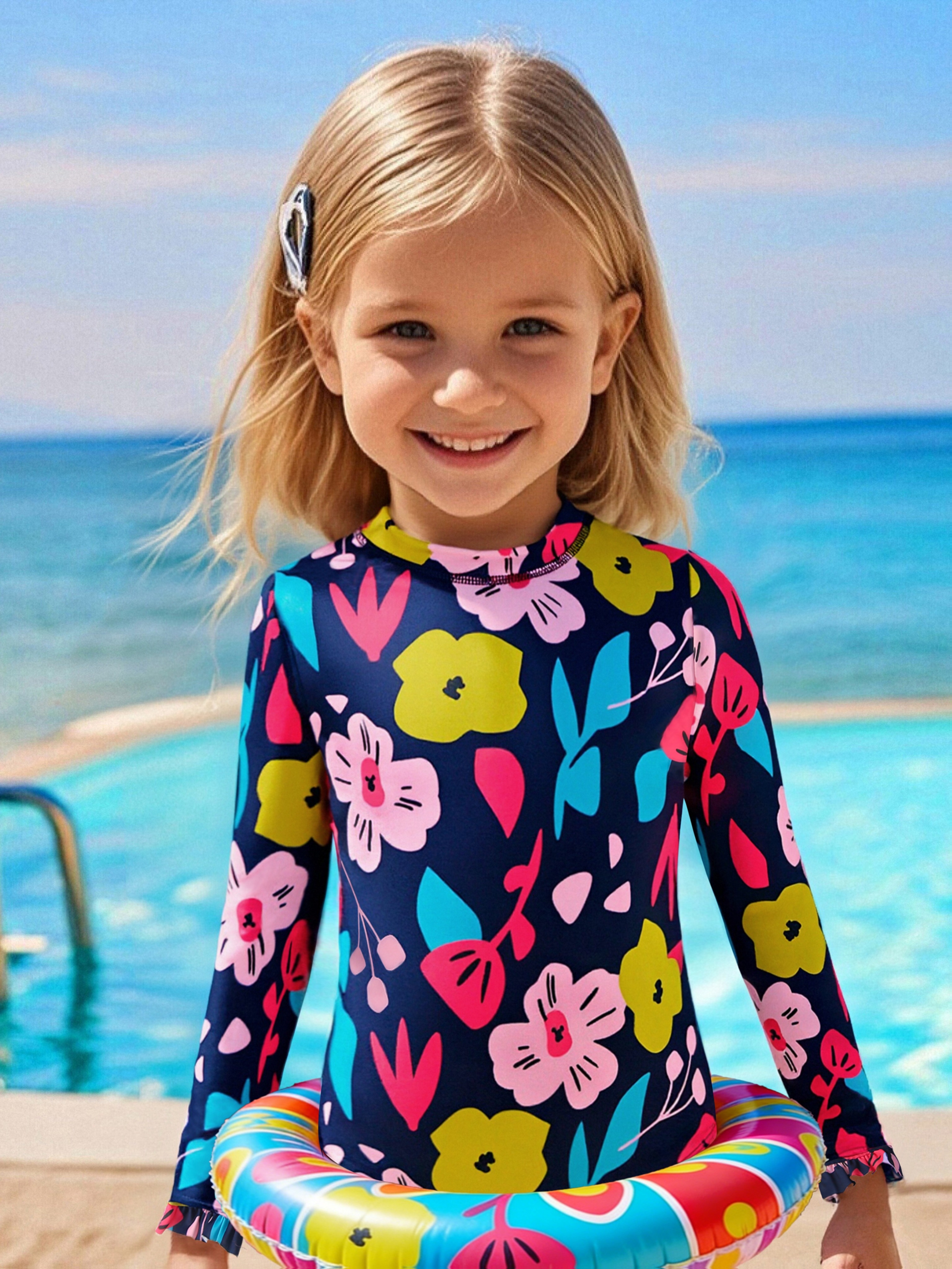 Maillot Une Pièce Fermeture éclair Maillot De Bain Une Pièce Fille Manches Longues Anti-UV - Taille 1 Mois à 6 Ans - Polyamide/Élasthanne Tissu Respirant Séchage Rapide