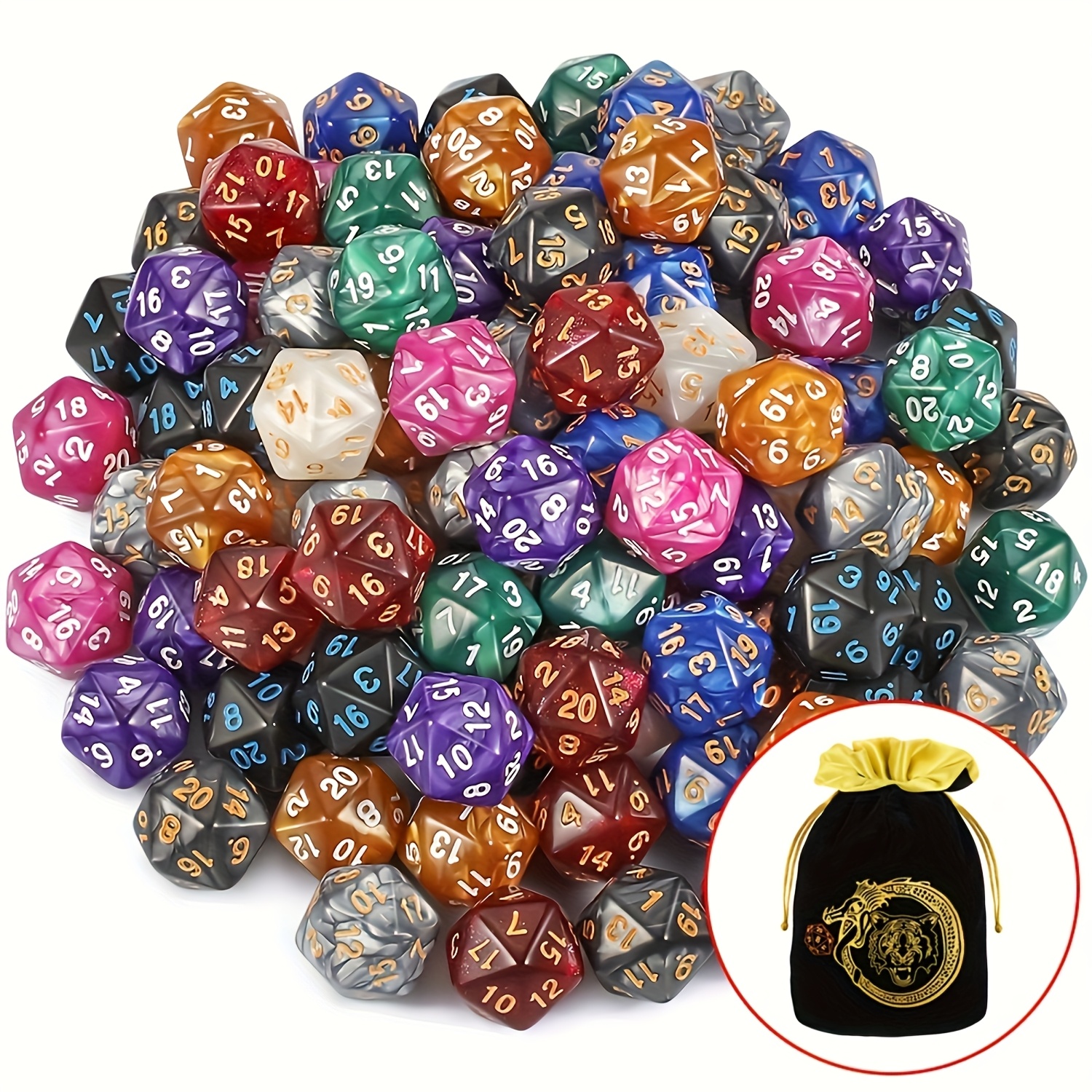 TEMU 100pcs Pearl Grain D20 With Dragon-tiger Dice Storage Bag, 10 Colors D20 , For D&d Rpg Mtg Role Playing Table Games, Unique Halloween&christmas