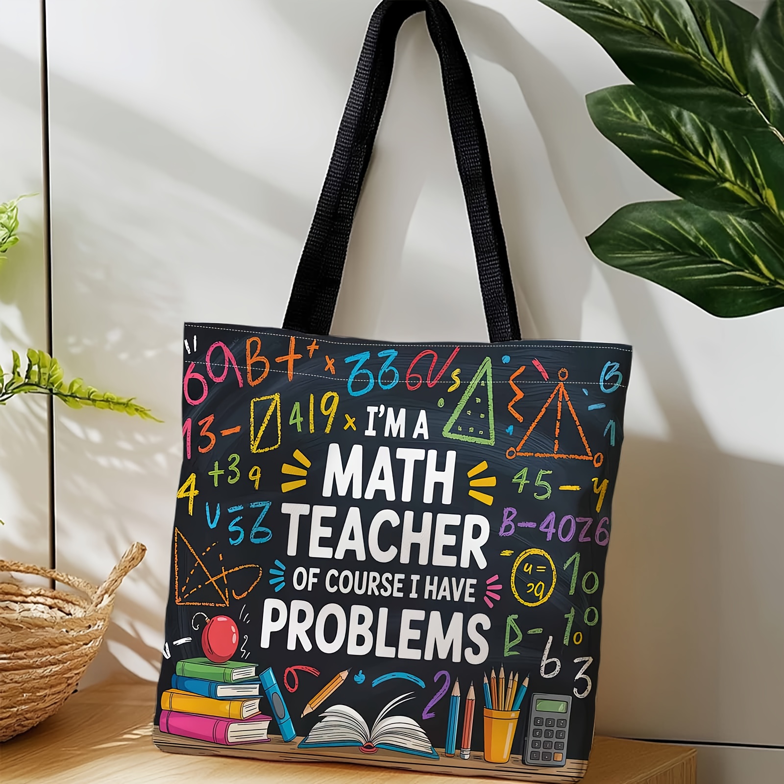 TEMU Women's Funny Math Teacher Tote Bag - "i'm A Math Teacher I Have Problems" Design With Chalkboard-style Equations, Durable Polyester Casual Bag