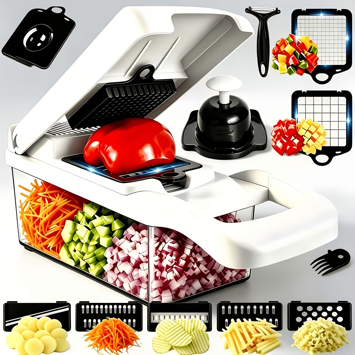 TEMU Vegetable Chopper Mandoline Slicer, Food, Tool, Veggie Chopper Onion Vegetable Cutter With Container, Dicer, Kitchen Gadgets & Essentials, White
