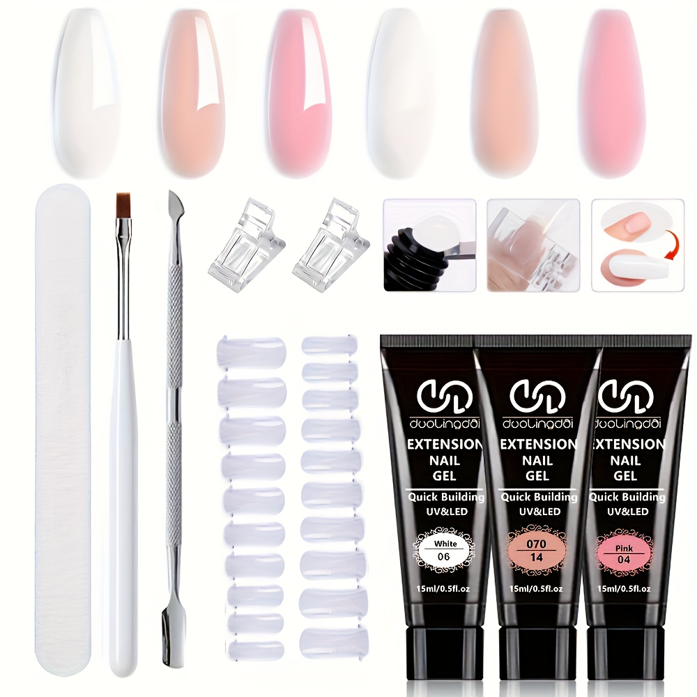 Poly Nail Gel Kit, 3 Colors Clear Pink Nude 15ml Poly Extension Gel Nail Kit With Slip Solution For Beginners Manicure Tools Salon Art Design