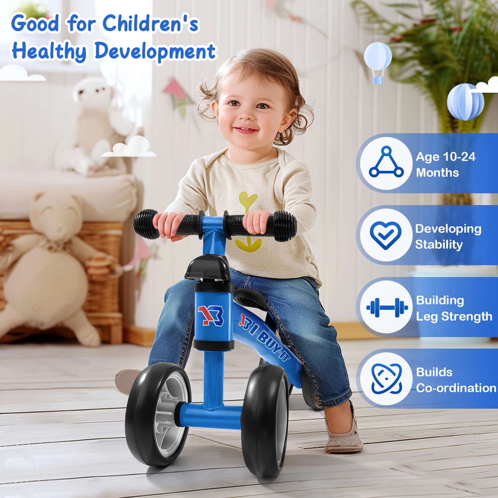 Image of I Buy Bike - Lightweight Sturdy Frame & Wide Base, 4-color Options (pink/red/green/blue/yellow) - No-pedal Ride- Bike With Linear & Low- Wheels For