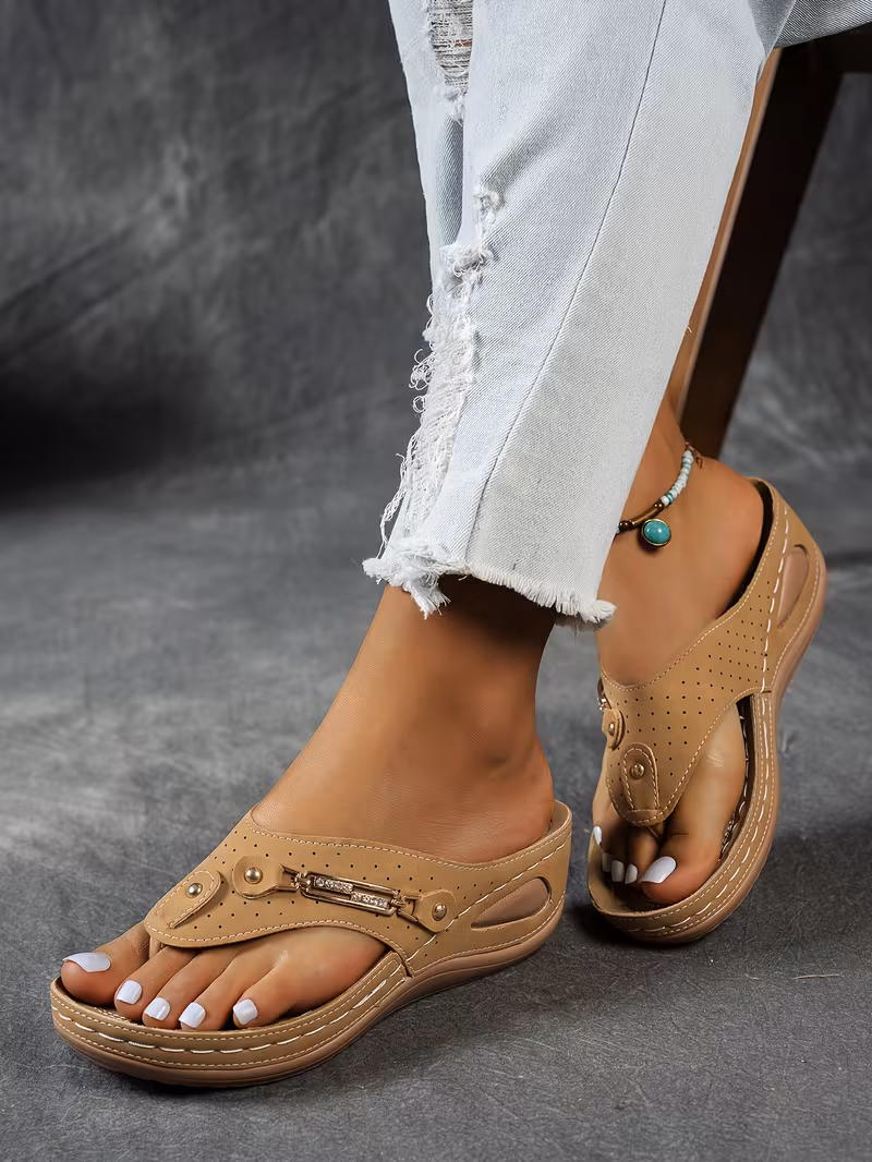 womens open toe wedge sandals with hollow out breathable material metal decor thick sole comfortable outdoor slippers casual vacation versatile daily walking and commuting footwear solid lightweight slides Product details 11