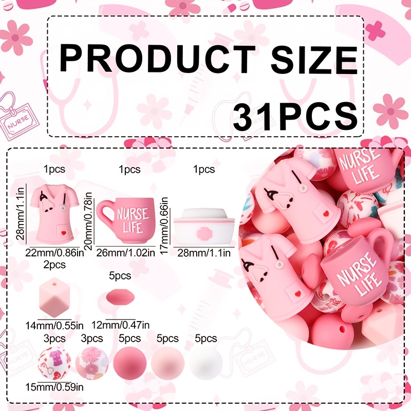 31pcs Cute 3d Pink Nurse Uniform Nurse Hat Coffee Silicone Beads- Silicone Beads, + Print Round Beads + Beads,, Beads…: retailer-supplied image