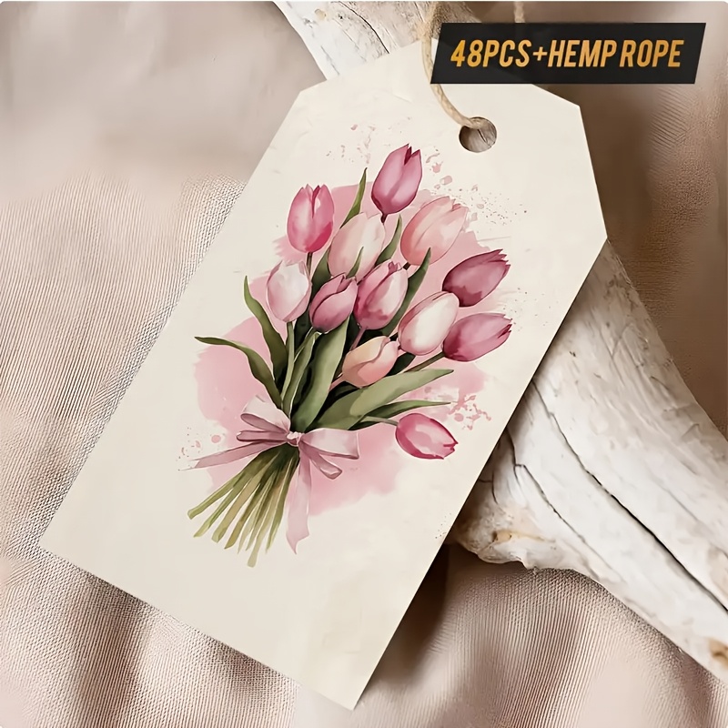 TEMU 48 Watercolor Gift Tags With , Featuring Tulip And Foliage Pattern Tags With English Instructions. Suitable For Spring Gifts, Baby Showers,