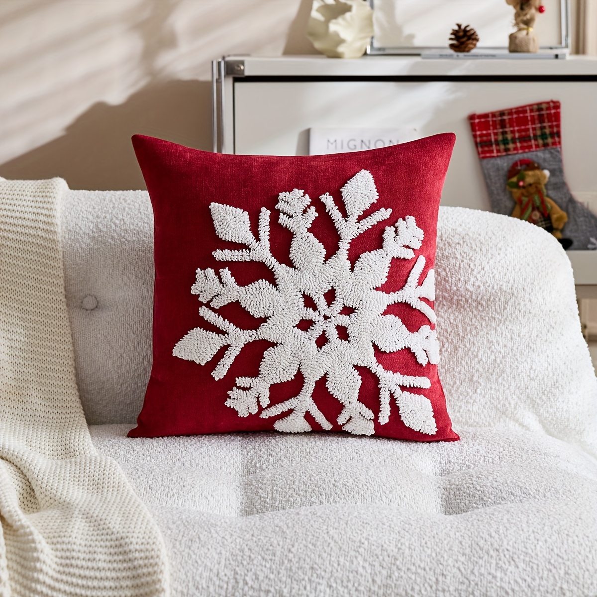 TEMU 1pc, Chenille Christmas Pillowcase, Snowflake Christmas Throw Pillow Covers, Single Side Embroidery, 17*7*17.7inch, Suitable For Sofa, Living