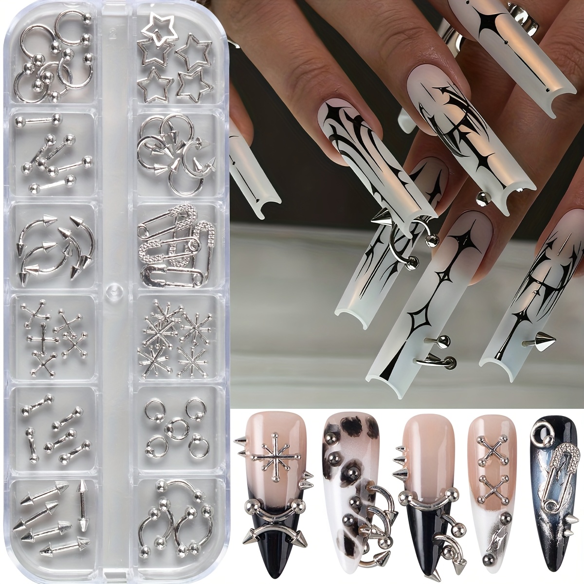 Silvery Nail Charms, 3d Alloy Gothic Nail Art Charms With 12 Shapes, Hardcore Grunge Metal Nail Decorations For Acrylic Gel Nails, Diy Manicure Accessories