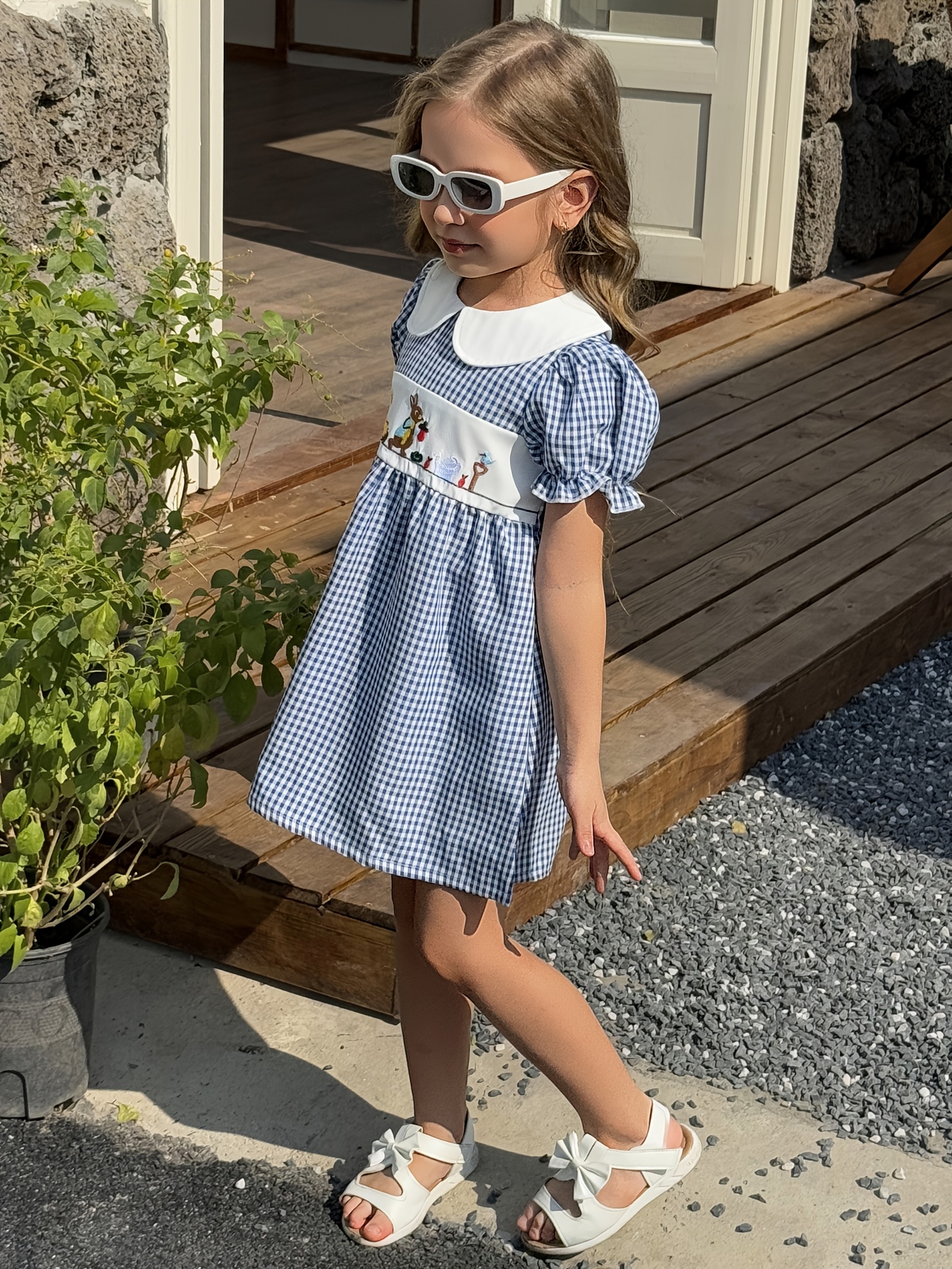 girls blue white gingham short sleeve dress appliqu smock - Temu Qatar