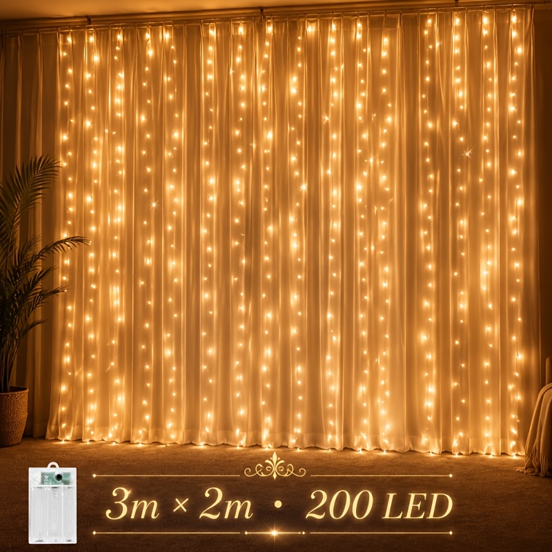 TEMU 1pc 300/200 Led Battery Powered Fairy Curtain Lights, Batteries Not Included, 8 Lighting , Ideal For Bedroom Curtain Backdrop, Living Room