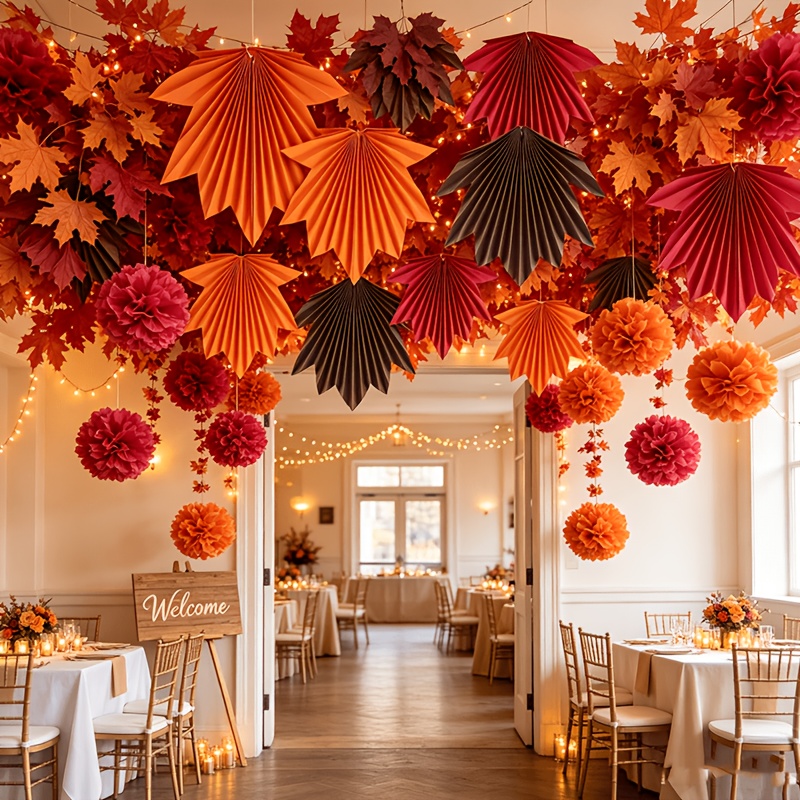 TEMU 16pcs Autumn Maple Leaf Paper Fan Flower Ball Hanging Decoration Set, 3 Sizes Of Autumn-themed Red, Orange, And Brown Origami Maple Leaf Fans,