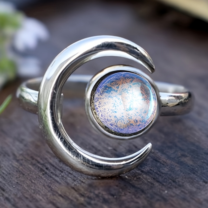Image of 1pc Vintage Ring Inlay Star Moon Adjustable Ring For Women Daily Leisure Vacation Wear Fashion Jewelry Ramadan Accessories Without Box
