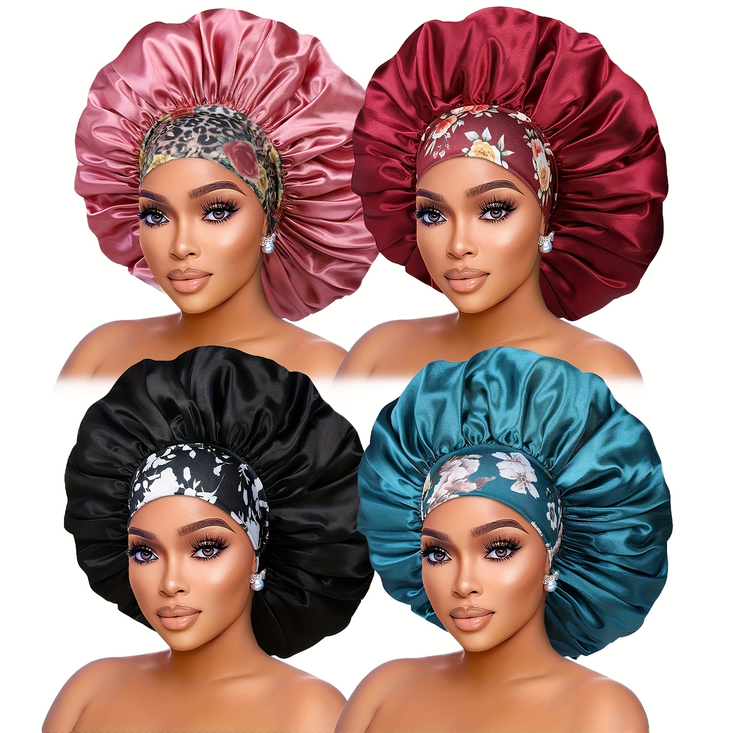 TEMU 4pcs Of Women's Fashionable Home Bonnets, Lightweight, Breathable, Hair Care, Sleep , (the Print Pattern Is Random.)