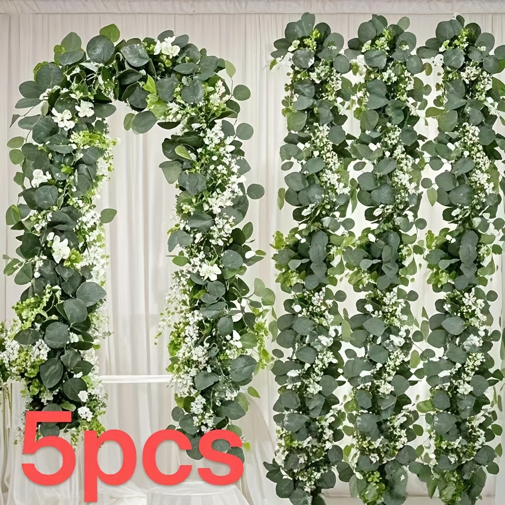 Image of 5 6-foot Artificial Eucalyptus And Wicker Wreaths With White Flowers-multifunctional Green Leaves, Perfect For Weddings, Betrothals, Home And Event Decorations, , Classic Styles And Wedding Themes
