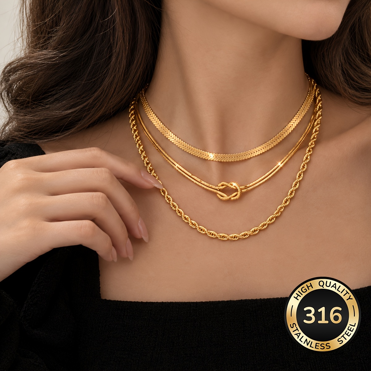 TEMU Ensemble de 3 pour femme en acier inoxydable plaqué or 18K, bijoux pour femme étanches et résistants à la décoloration, accessoires pour femme