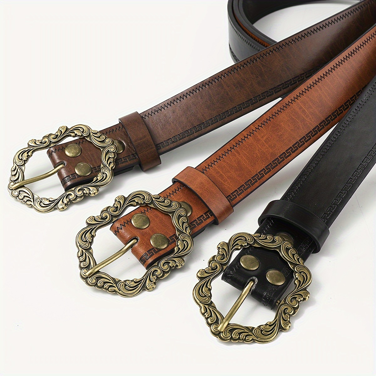 PU Leather Studded Belt with Carved Flower Buckle for Y2K Punk Gothic Style Y2K Punk Gothic Belt with Metal Buckle – Studded PU Leather  main image 2