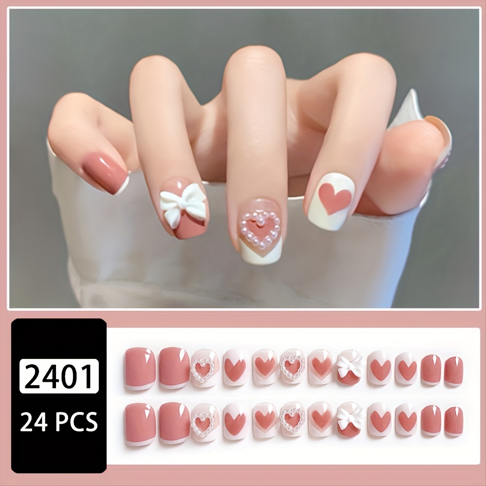 TEMU Show Your Beauty 24pcs Of Short Elegant And Cute Pearl False Nails Fashionable Wearable Nails Suitable For Women And Girls Removable Set With Jelly Glue And File