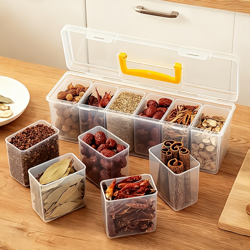 7pcs refrigerator storage box set: 1 large box + 6 small boxes with lids, compartmentalized sealed spice container set pp material, food safe storage boxes, detachable spice containers, suitable for spices, herbs, seasonings, multi purpose