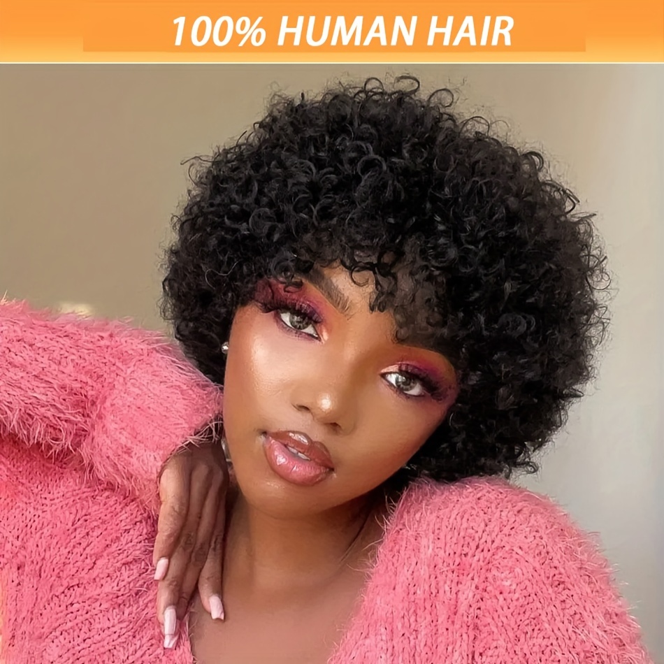 

Afro Pixie Cut Wig 6 Inch - 180% Density Jerry Curly Human Hair Wig With Bangs For Women, Rose Net Cap, Basic Style, Glueless Short Bob Wig For African Women, Ready To Wear - 100% Real Hair