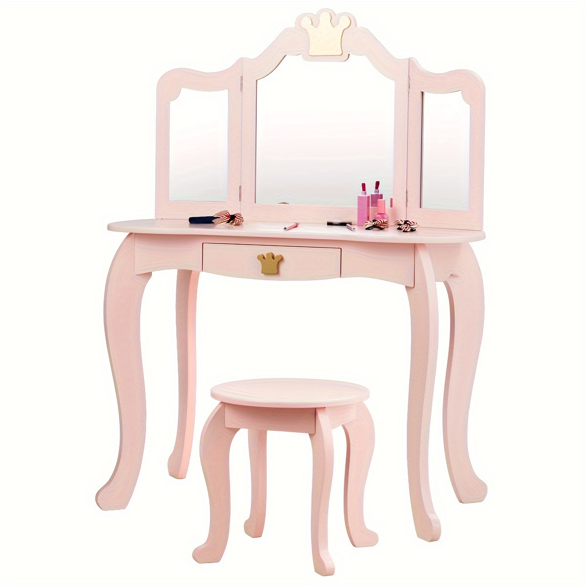 

1pc Girls' Pink Wooden Makeup Dressing Table With Stool, Princess Vanity Set, Tri-folding Mirror, Bedroom Furniture