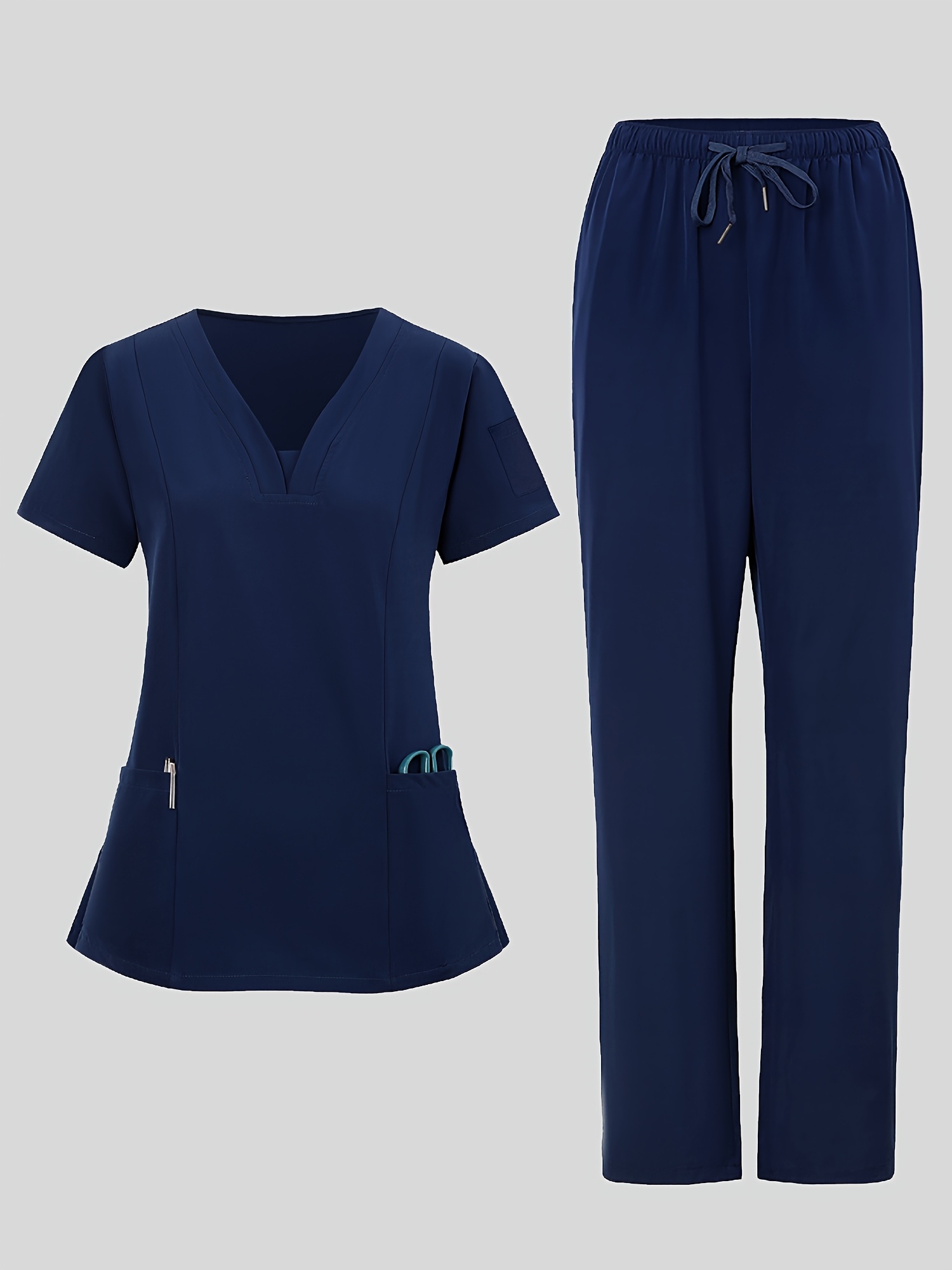 2pcs womens breathable v neck work uniform machine washable pocket detail matching top pants casual work clothes suitable for work uniforms healthcare education retail comfortable professional attire