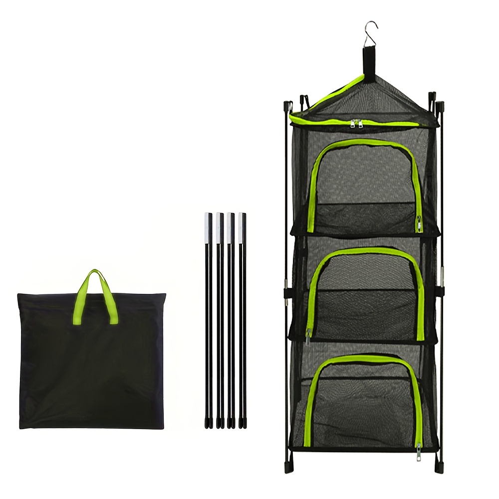 Camping Storage Drying Net, 3-layer Outdoor Hanging Mesh Drying Basket For Tableware, Plates, Fruits, Vegetables, Foldable Drying Net With Zippers And Hook, Drying Racks