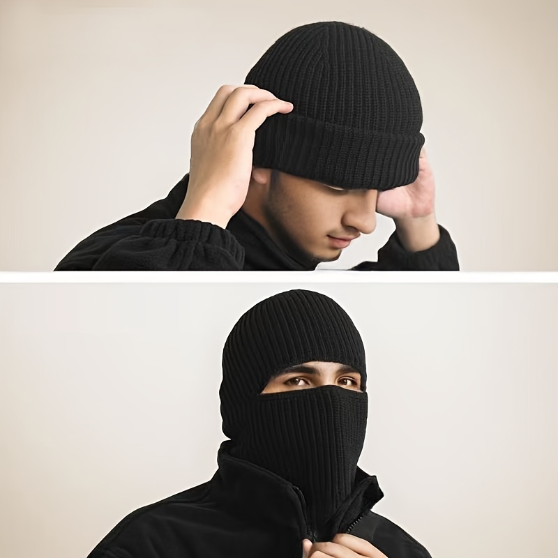 

Men's Winter Balaclava - Windproof Knit Beanie With Face Mask, For Outdoor Sports, Black, For Winter