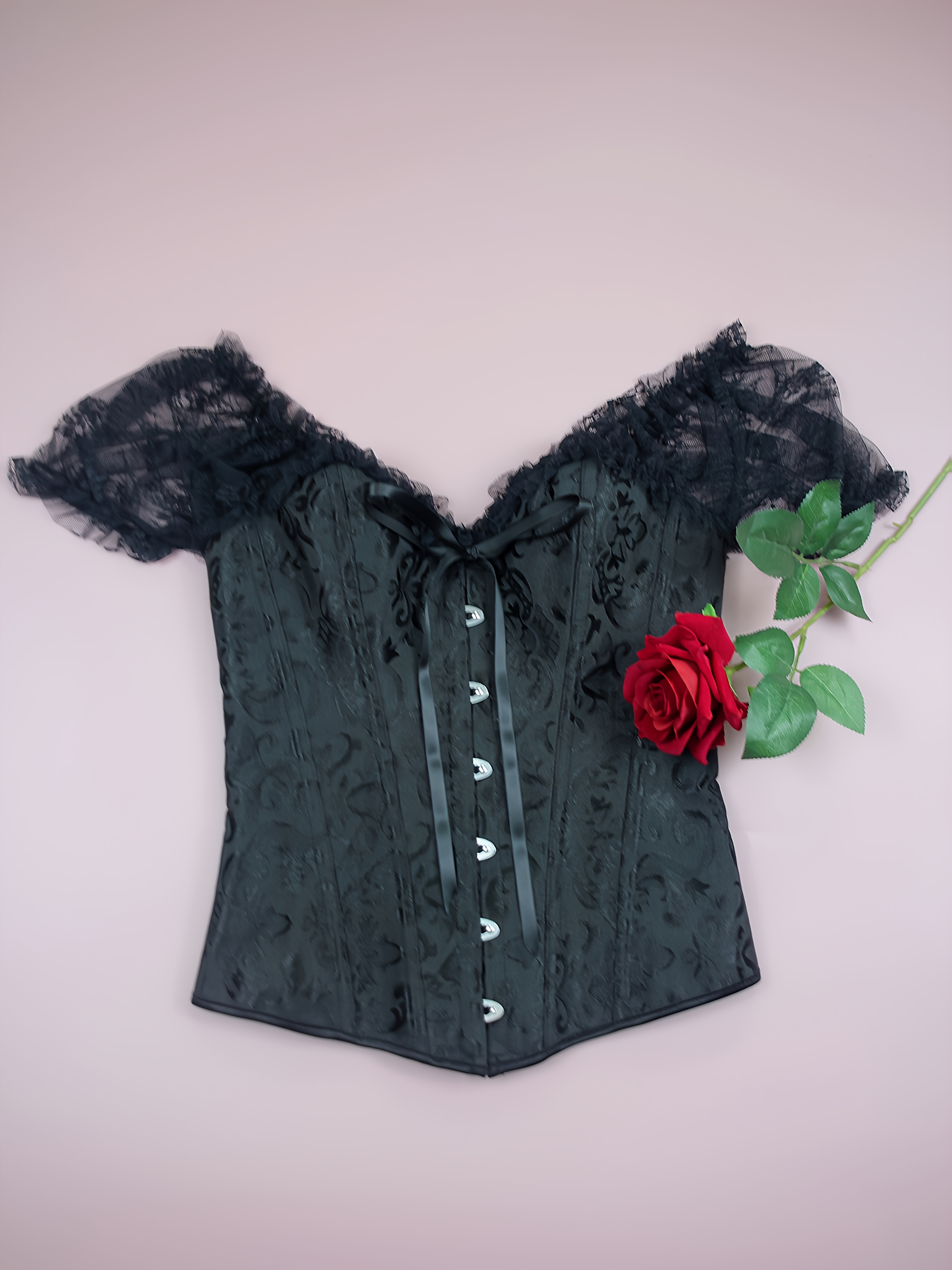 Gothic Style Black Lace Corset Top with Red Hair - Women'S V-Neck Bodycon Dress, Floral Pattern, Non-Stretch Fabric, X-Back Design, Perfect for Adult Costume Parties & Themed Events, Themed Event Attire | Gothic Fashion | Intricate Lace Detailing