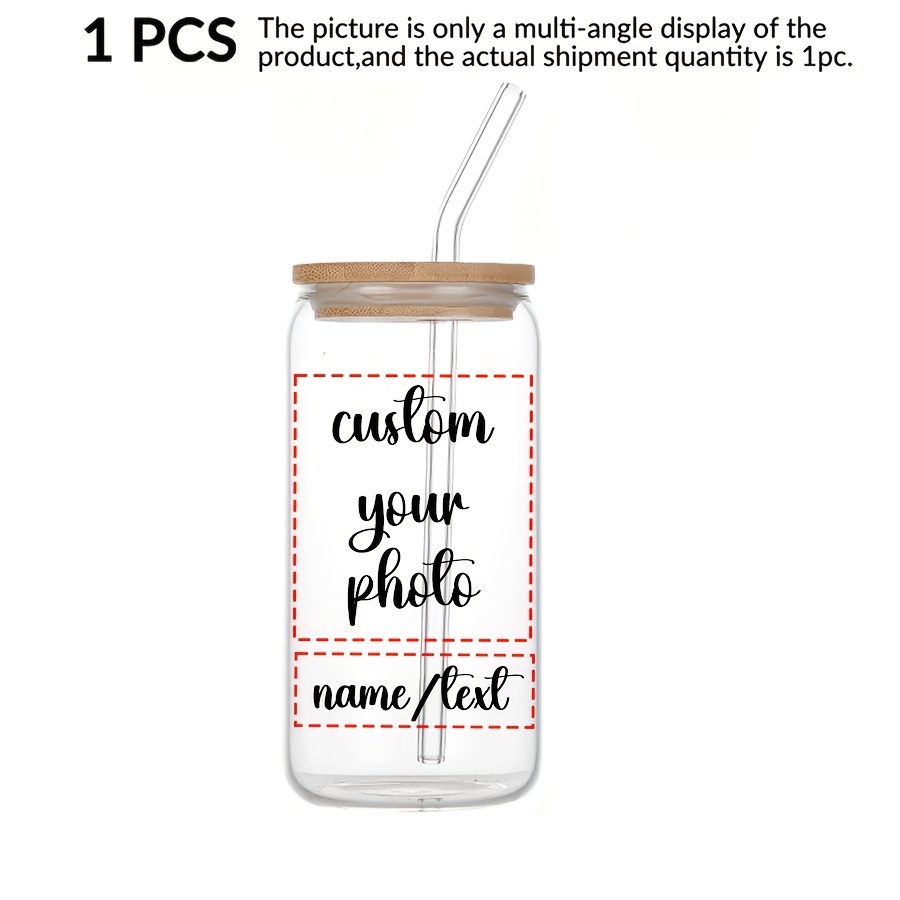 TEMU 1pc Personalized Photo/text/logo Customized Gift Glass, 16oz Glass Water Cup With Bamboo Cover And Glass Straw, Customizable Photos Of