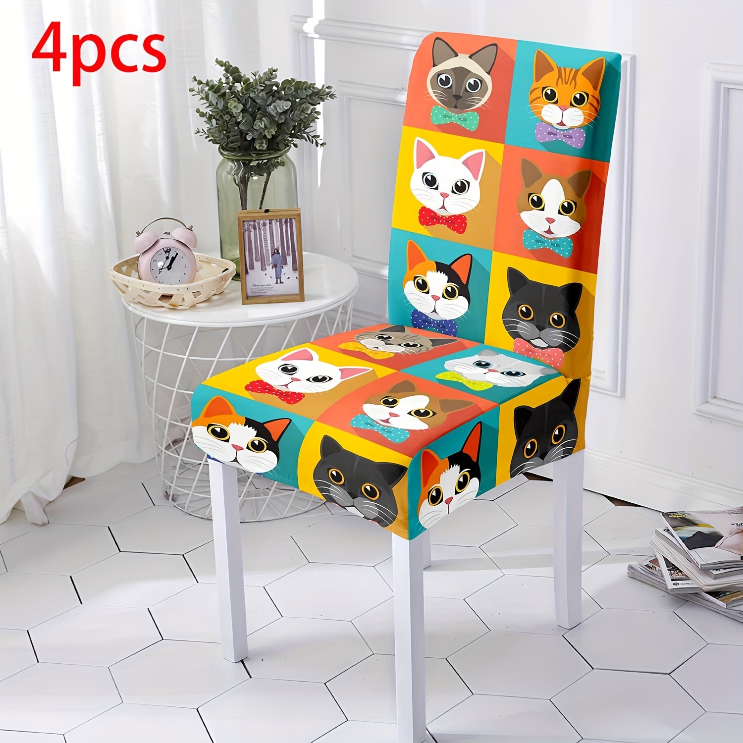 TEMU 4/6pcs Of Cute Cat Printed Elastic Removable And Washable Chair Covers Suitable For Restaurants, Hotels, Ceremonies, And Festive Decorations