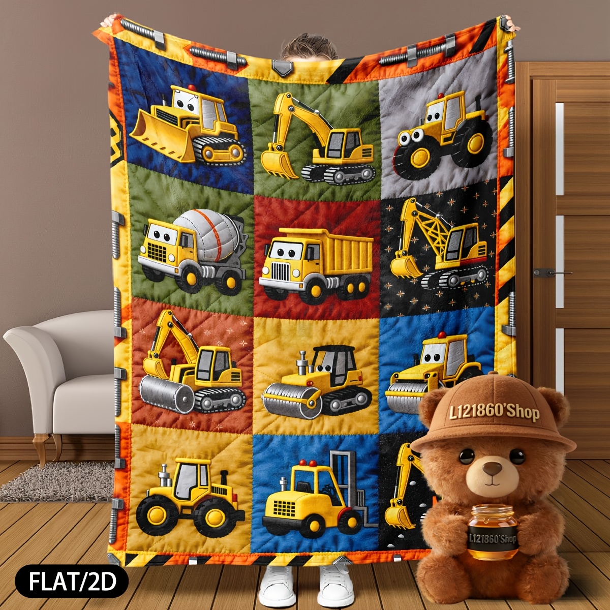 TEMU Flat/2d Flannel Engineering Vehicle Themed Throw Blanket - Warm, Soft, And Comfortable With Multi-patch Cartoon Patterns Of Excavators,