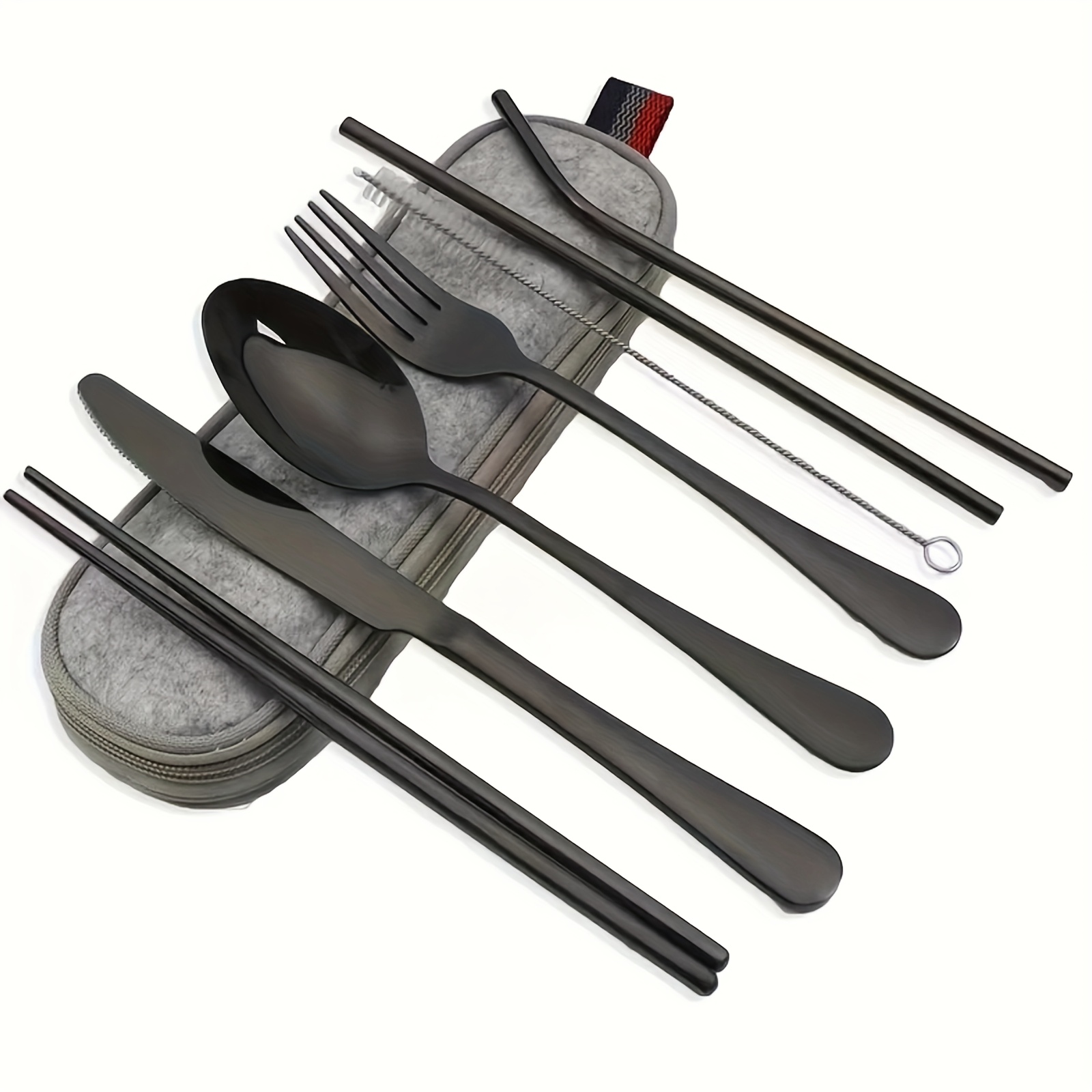 TEMU Portable Utensils, Travel Camping Cutlery Set, 8pcs Including Knife Chopsticks Cleaning Brush Straws Portable Case, Stainless Steel Flatware Set