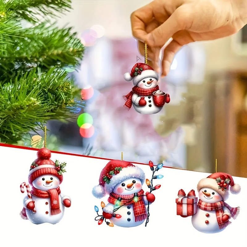 

4pcs Acrylic Snowman Christmas Tree Ornaments Set - Classic Holiday Decor With Checkered Scarves, No Power Required, Ideal For Decoration, Holiday Ornaments| Snowman Design| Ornaments