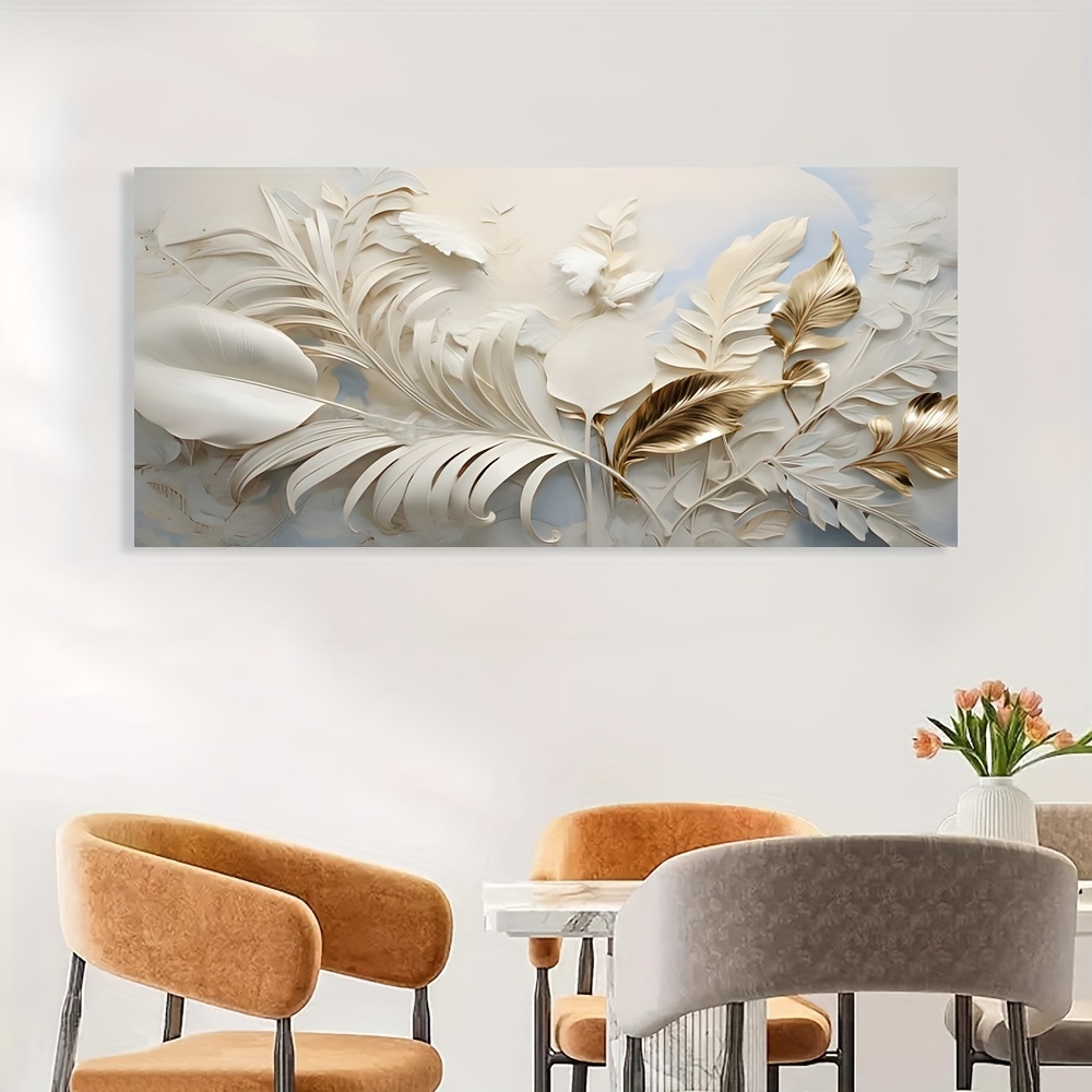 

1pc Feather Leaf Canvas Wall Art 60cm X 120cm, Modern Abstract Golden , Luxury Large Wall Artwork For Living Room, Bedroom, , European Fashion Style, Non-electric Decorative Poster