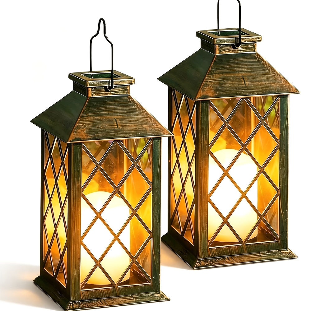TEMU 2pcs Outdoor Solar Lanterns, Hanging Solar Lights With Led Flickering Flame-free Candles, Vintage Style, Flickering Flame Effect, Ip65 Outdoor