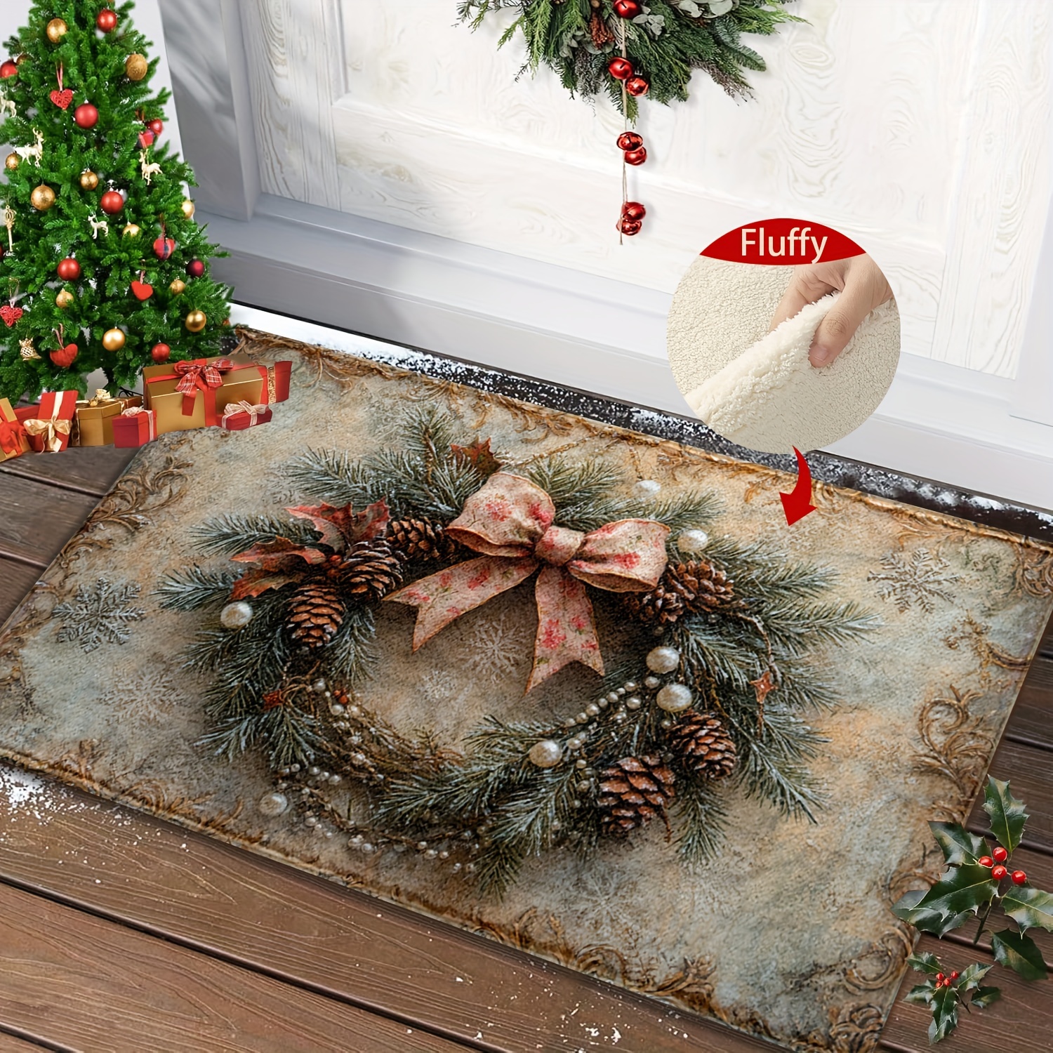 

1pc Christmas Retro Bow Wreath Pattern Non-slip Mat, Carpet Mat, Cashmere Quick Drying Absorbent Plush Material, Machine Washable, Anti-fouling, Suitable For , Fluffy Winter Decoration, Used As A Gift