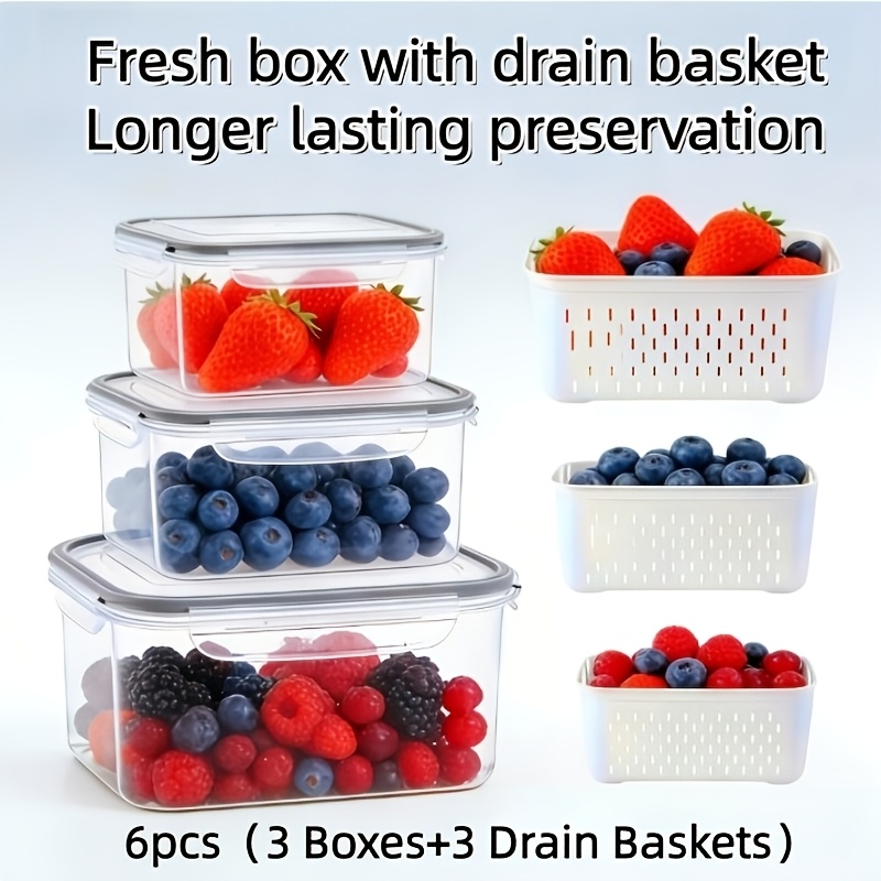 6pcs (3 Boxes+3 Drain Baskets) Large Capacity Fruit Storage Containers For Fridge With Removable Colander, Airtight Food Storage Container, Dishwasher Safe Produce Saver For Refrigerator, Keep Berry