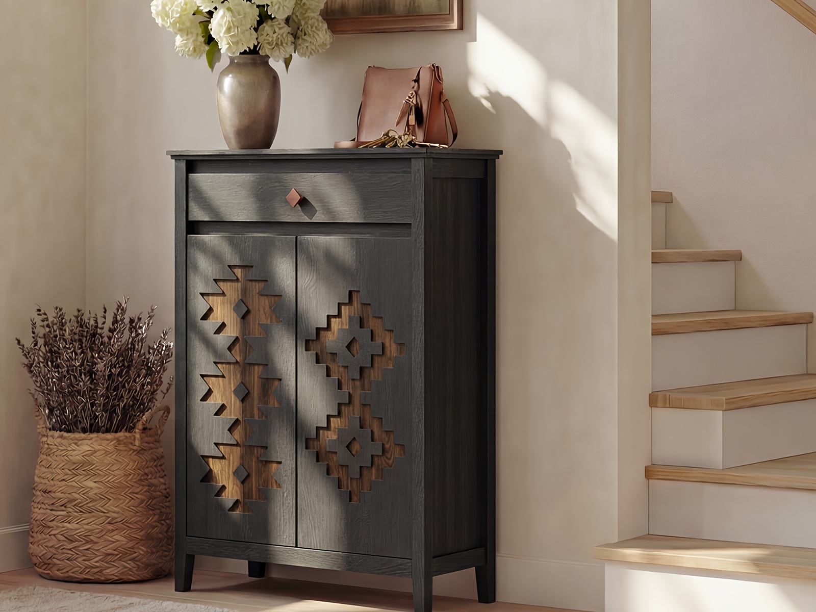 A Five-Level Shoe Storage Unit Featuring Drawers, Crafted from Wood with Adjustable Shelves, a Standalone Walnut Shoe Organizer, Perfect for Entryways, Hallways, And Walk-In Closets