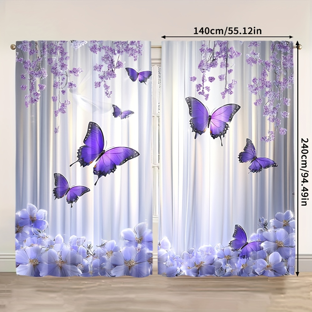 E-shop 2 Stück, Lila Blumen Schmetterling Vier-Jahreszeiten-Vorhang, Polyester, im Art-Deco-Stil, Stangen-Tasche für Wohnzimmer Schlafzimmer