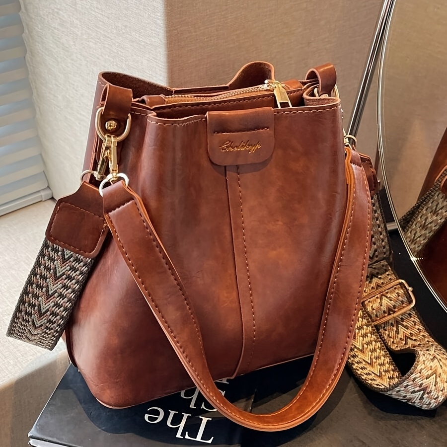 TEMU Mini Textured Solid Color Pu Bucket Bag, Retro And Versatile Women's Shoulder Bag, Ethnic Style Shoulder Strap, Suitable For Commuting And