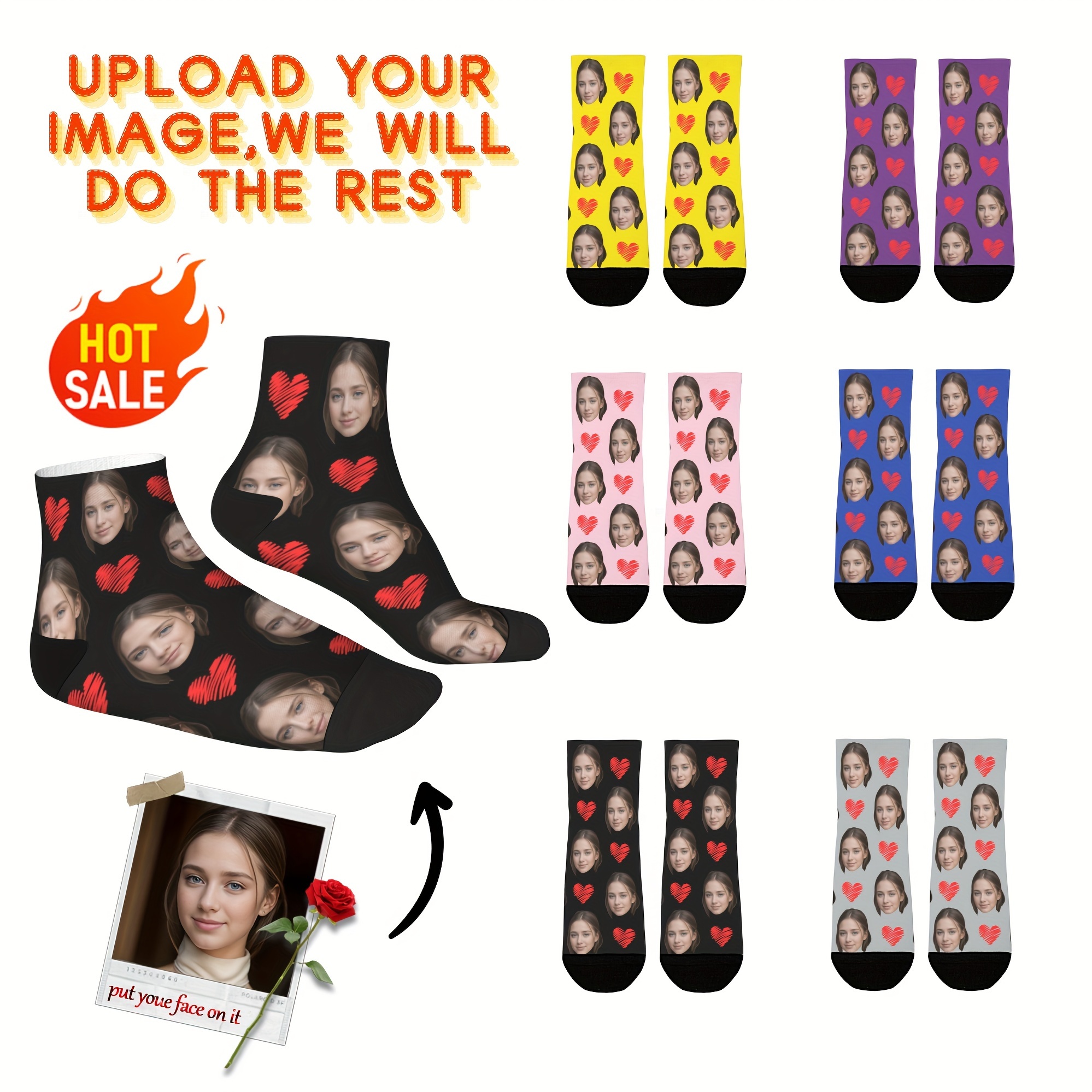 

Custom Face Socks, Personalized Funny Gift Low-cut Ankle Socks With Photo Customized, Red Heart Graffiti Print, Novelty Trendy Party Present Socks For Men Women