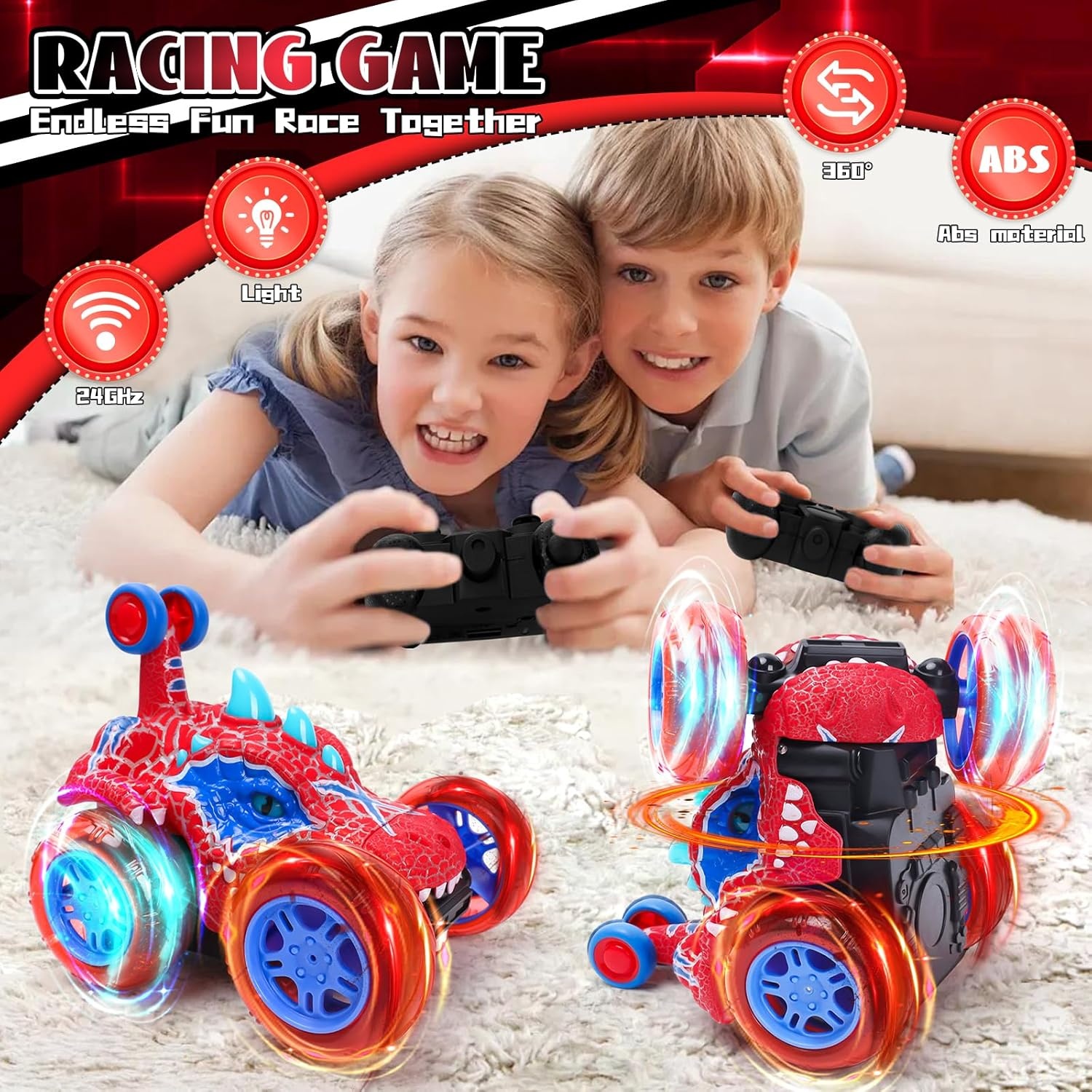 Remote Control Car Boy 360° Stunt Spin 4WD RC Toy with Lights, Suitable for Kids Ages 3-6, Double-Sided Dinosaur Design, 2.4GHz Electric Vehicle, Easter Birthday Gift for Boys Aged 3, 4, 5, and 6