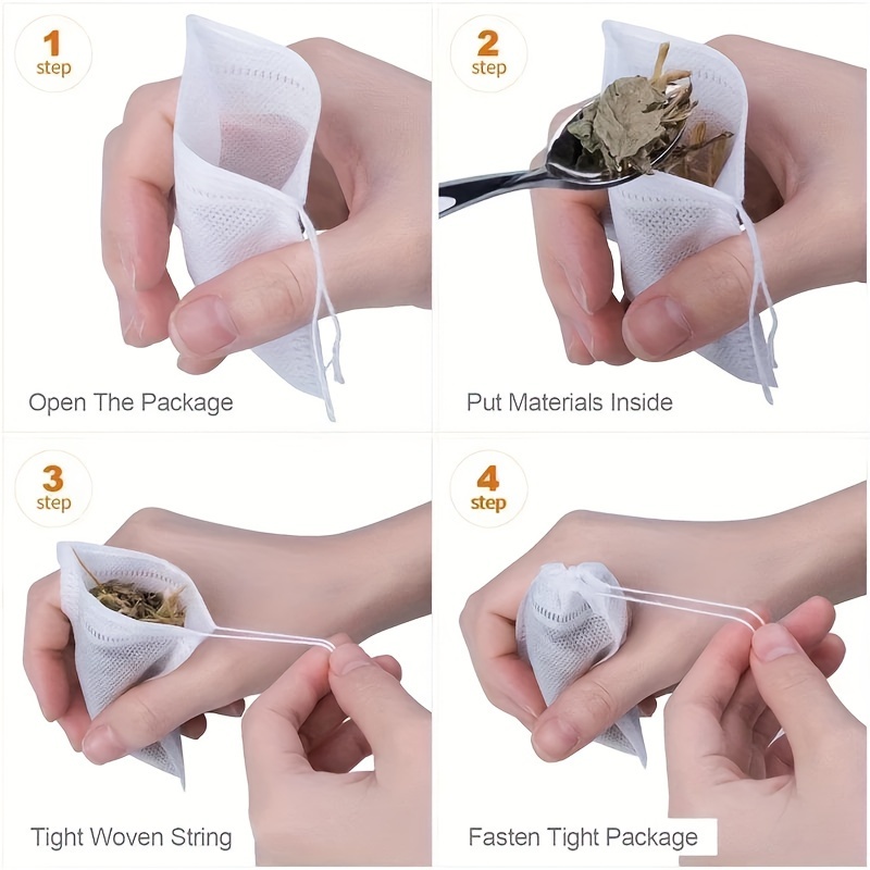 a package containing   disposable tea bags with drawstrings made from nonwoven material ideal for loose leaf tea herbs and spices   in different sizes 6cm x 8cm 7cm x 9cm 8cm x 10cm details 4